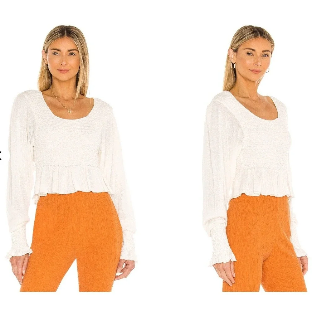 Free People Free Spirit Smocked Crop Top S Ivory Cream Peplum Ruffle Knit Blouse